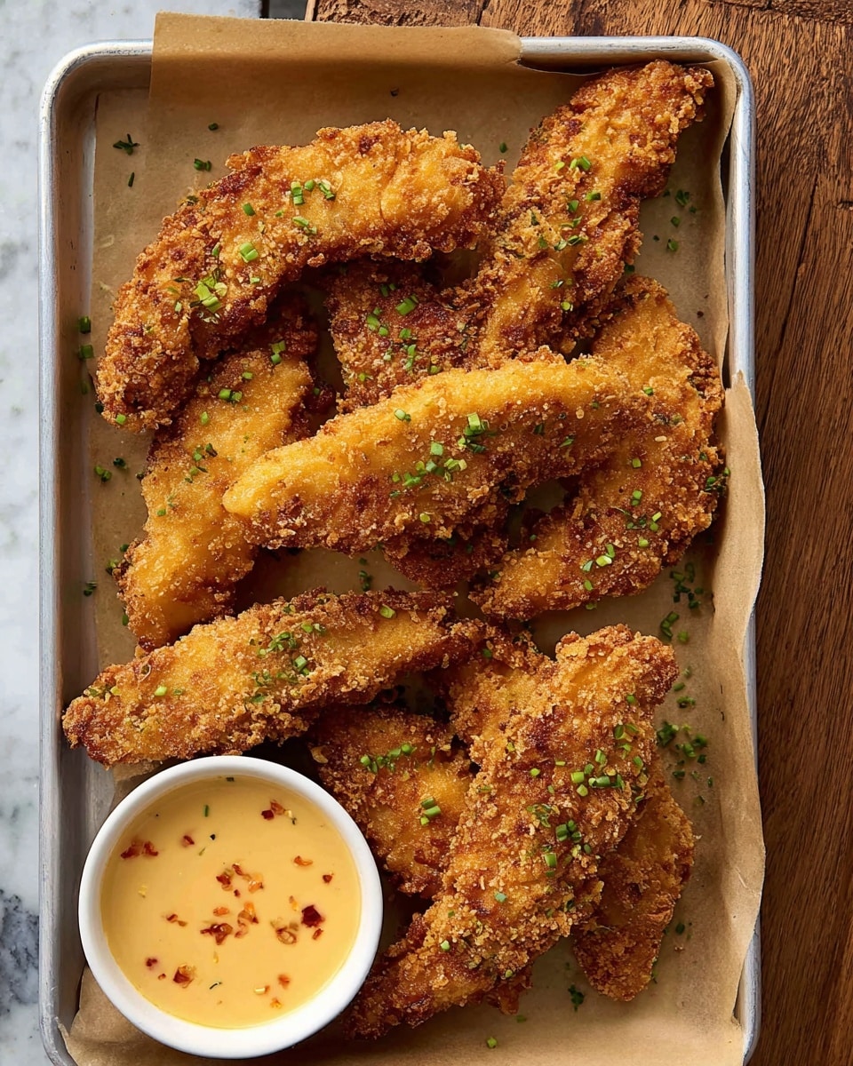 A white tray lined with brown parchment paper holds eight golden-brown crispy fried chicken tenders scattered in layers, with some tenders overlapping others, showing a crunchy textured coating with bits of green garnish sprinkled on top. In the bottom left corner of the tray, there is a small white bowl filled with a creamy light orange dipping sauce with small red and yellow specks. The tray is set on a wooden surface, but the background is changed to a white marbled texture. photo taken with an iphone --ar 4:5 --v 7