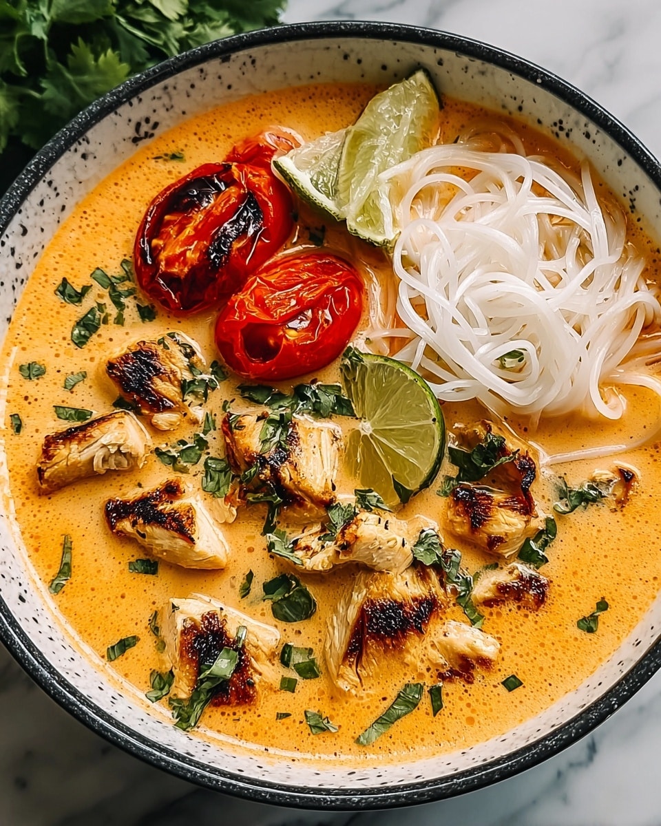 The image shows one bowl filled with a creamy, orange-colored soup with visible spices. Inside the soup, there are pieces of cooked white tofu with light brown grill marks, red bell pepper slices, and green vegetable strips. On the right side of the bowl, a small nest of white rice noodles sits partially submerged in the soup. Fresh green cilantro leaves garnish the top of the soup, adding a touch of color. The bowl is gray with a speckled design and is placed on a white marbled surface. In the background, there are lime wedges slightly blurred. Photo taken with an iphone --ar 4:5 --v 7