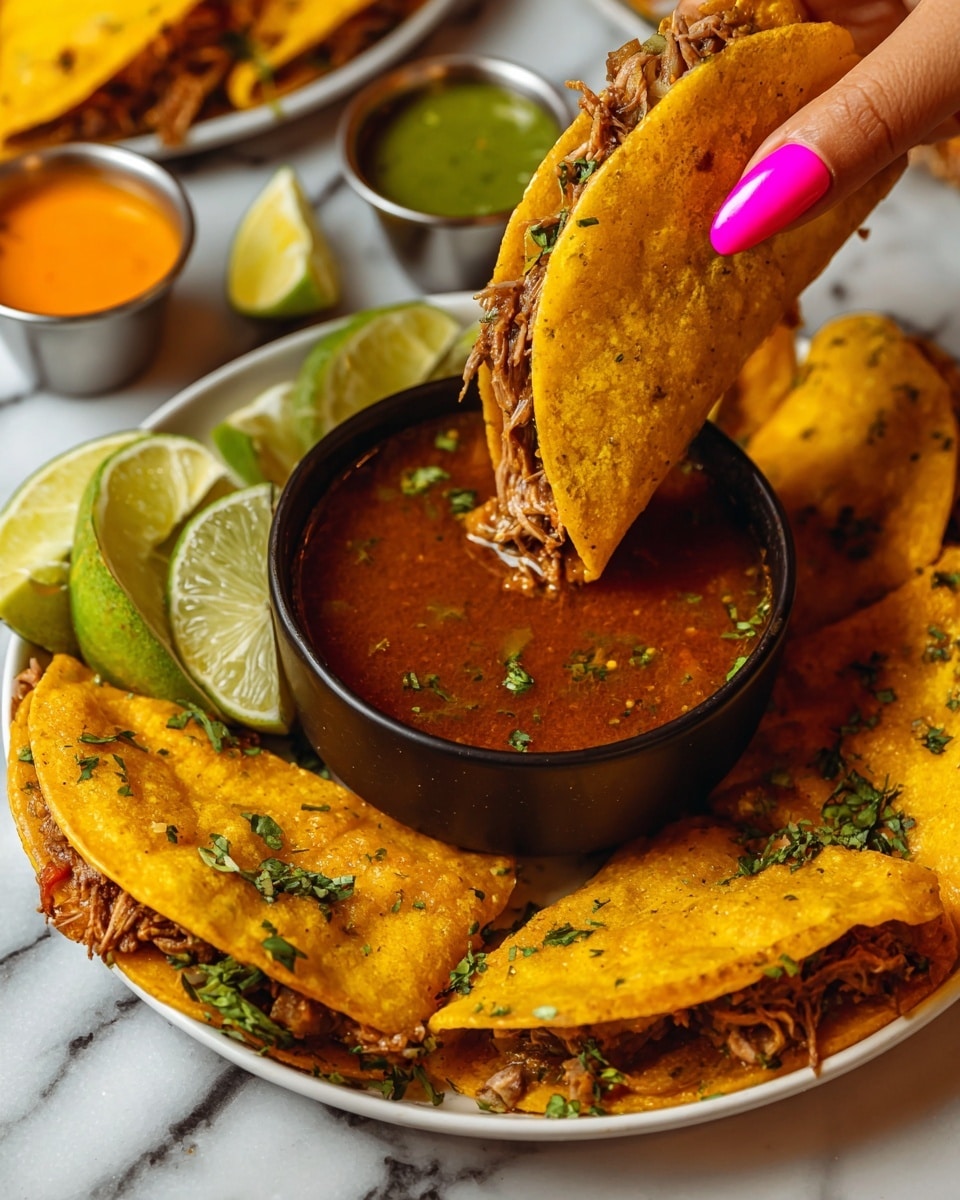 The image shows a close-up of a woman's hand with bright pink nails holding a folded yellow taco filled with shredded brown meat and bits of green herbs. The taco is dipped halfway into a bowl of reddish-brown broth with small bits of vegetables inside. The bowl is in the center of a round white plate, which holds multiple folded tacos arranged around the bowl. The plate also has lime wedges and small metal cups with green and orange sauces. The background is a white marbled surface. photo taken with an iphone --ar 4:5 --v 7