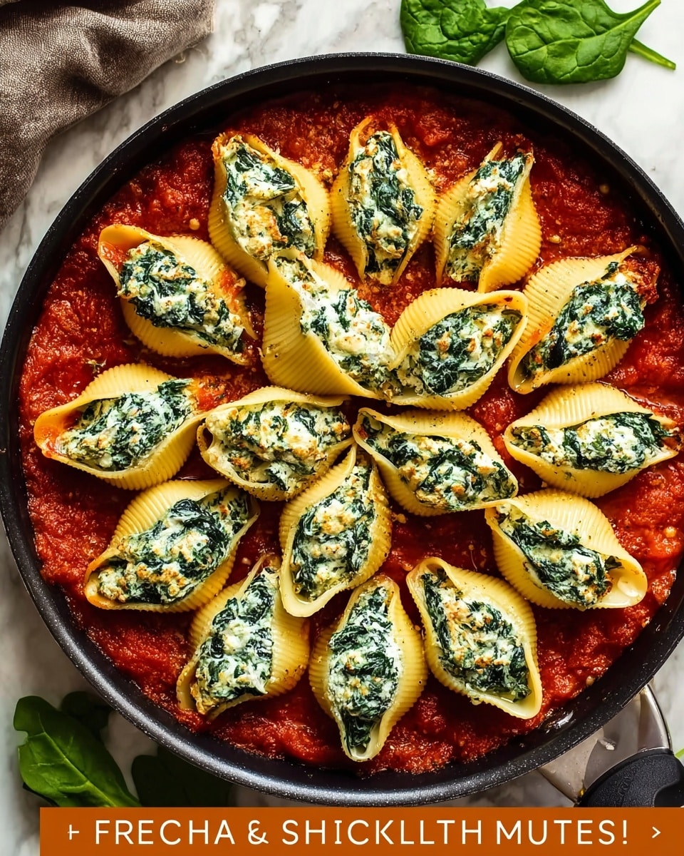 The dish shows a white bowl filled with a layer of rich red tomato sauce at the bottom, topped with 15 large pasta shells evenly arranged in a circular pattern along the edge and center. Each pasta shell is filled with a creamy mix of green spinach and white ricotta, with some light brown spots on the cheese from baking. The pasta shells are yellowish and maintain their shape, slightly open to reveal the filling. The surface beneath the bowl is a white marbled texture, and there is a woman's hand holding a white fork near the bowl. photo taken with an iphone --ar 4:5 --v 7