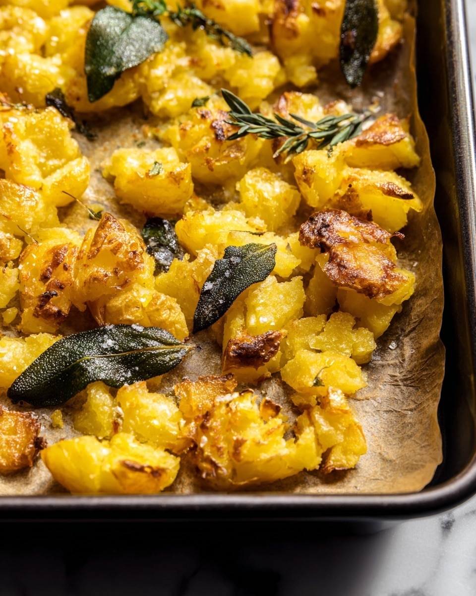 This close-up image shows one layer of cooked, broken yellow potatoes with skin on a large white baking tray, scattered unevenly. Over the potatoes, there is a thick dusting of white grated cheese or powdered topping, sitting in the middle and spreading slightly outward. The tray edges are dark, and the surface beneath is a white marbled texture. The lighting highlights the contrast between the soft, chunky potatoes and the fine powdery topping. photo taken with an iphone --ar 4:5 --v 7