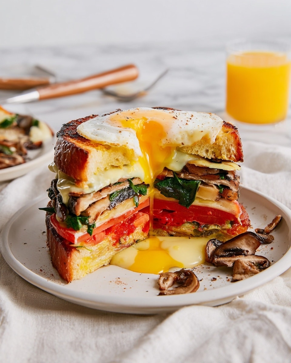 The image shows a thick sandwich cut in half on a white plate, sitting on a white marbled surface. Each half reveals five layers: the bottom layer is golden toasted bread, followed by a layer of bright red tomato, then green leafy spinach, next a piece of light yellow cooked egg, and topped with a fried egg with a bright yellow runny yolk that spills over the sides, all covered in a creamy white sauce. Small pieces of cooked mushrooms and sauce drops are on the plate around the sandwich. In the background, there is a glass of orange juice and two small white dishes with coarse salt and pepper. A woman's hand is not visible but a knife and fork with light yellow handles lay beside the plate. Photo taken with an iphone --ar 4:5 --v 7