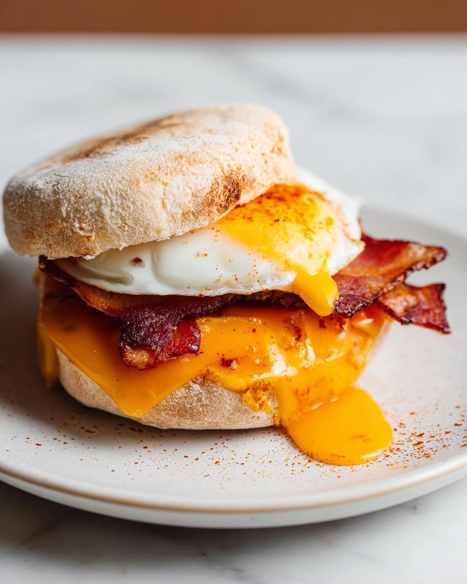A close-up view of a sandwich with three main layers, starting at the bottom with a melted orange cheese layer that oozes slightly onto a white plate, followed by a crispy pinkish-red bacon layer sitting on top of the cheese, then a fried egg layer with a rich golden yellow yolk dripping down over the bacon and cheese. The sandwich is held together by a lightly toasted brown English muffin with a textured and slightly browned top, all placed on a white marbled surface. photo taken with an iphone --ar 4:5 --v 7