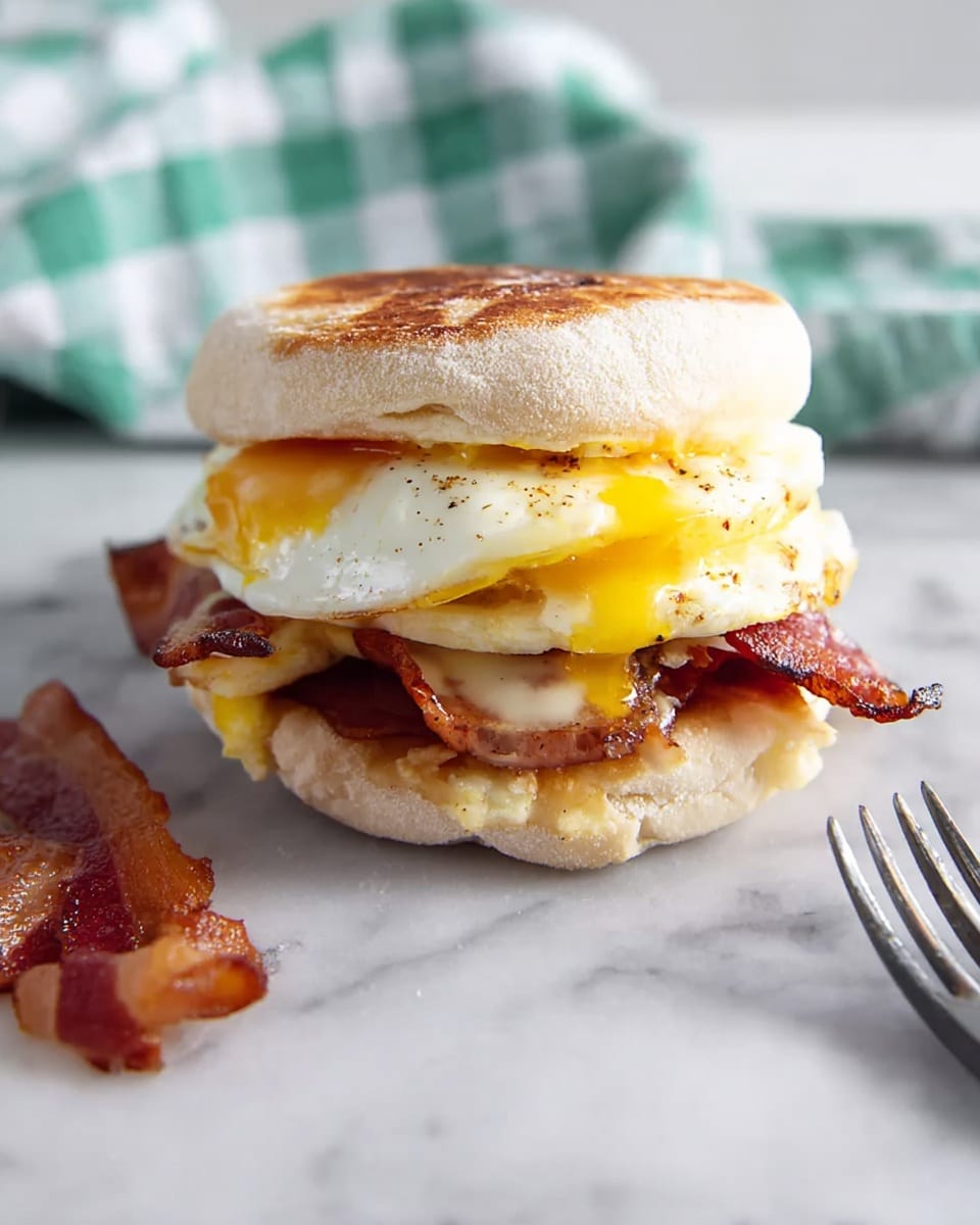 The image shows a sandwich with three layers inside a toasted English muffin. The bottom layer is a slice of crispy bacon with a reddish-brown color. On top of the bacon is a fried egg with a bright yellow yolk and white edges that slightly fold over. The top half of the toasted muffin has a golden-brown color with a soft texture inside. The sandwich sits on a white marbled surface with a green and white striped cloth and a fork blurred in the background. Photo taken with an iphone --ar 4:5 --v 7