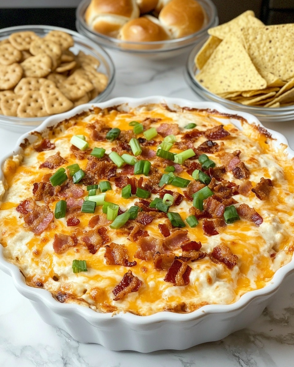 A white, scalloped-edge dish filled with a creamy, melted cheese dip layered with orange cheddar and white cheese, topped with crispy brown bacon bits and bright green chopped scallions spread evenly on top. Behind the dish are three clear bowls on a white marbled surface: one with golden yellow tortilla chips, one with round beige crackers, and the last with soft brown pretzel rolls sprinkled with coarse salt. The overall scene shows a warm, inviting appetizer spread. photo taken with an iphone --ar 4:5 --v 6.1