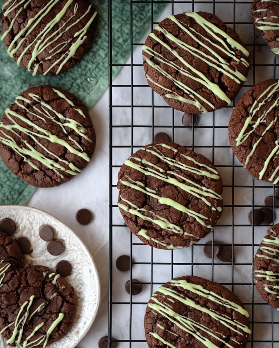 The image shows several round chocolate cookies arranged on a black wire cooling rack and a white parchment paper. Each cookie has a cracked surface texture and is decorated with thin, light green icing lines drizzled diagonally across the top. There are small round chocolate pieces scattered around the cookies on the white marbled surface. To the left, some cookies rest on a white plate with a dark green textured pattern. The overall presentation highlights the rich dark brown of the cookies contrasted by the pale green icing and the white marbled background. photo taken with an iphone --ar 4:5 --v 7