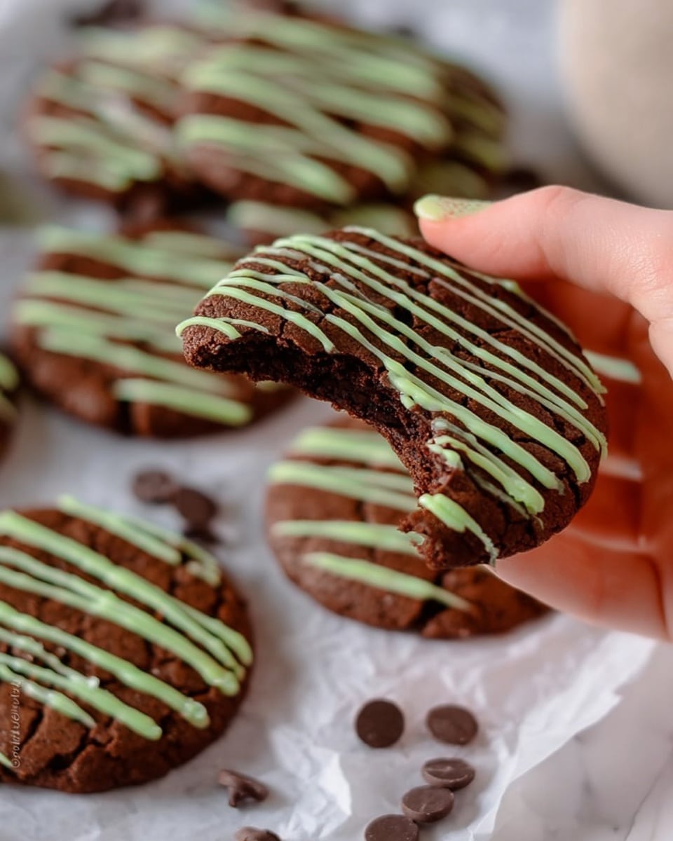 A close-up of a woman's hand holding a round dark brown chocolate cookie with a bite taken out of it, decorated with light green thin zigzag lines on top. More cookies like this lie flat on white marble surface below, each having the same light green zigzag drizzle. Scattered dark chocolate chips decorate the surface around the cookies, and a piece of white parchment paper is partially visible. The image shows the soft texture of the cookies with cracked surfaces. photo taken with an iphone --ar 4:5 --v 7