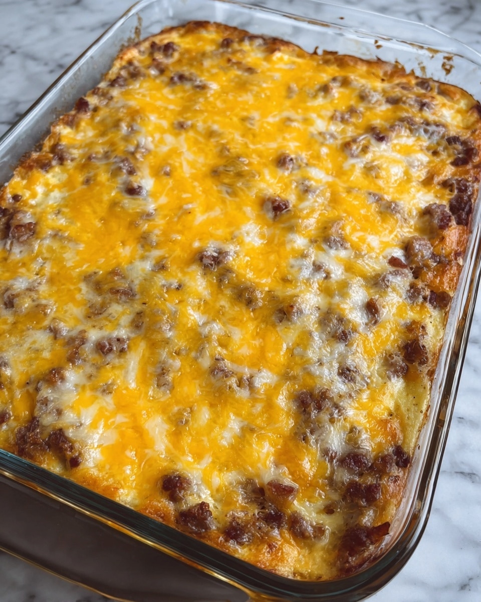 The dish is shown in a clear glass rectangular baking dish filled with a baked casserole. The top layer is melted yellow cheese with a slightly bubbly, shiny texture, covering a mixed layer underneath that features bits of browned meat and white chunks evenly spread throughout, creating a marbled effect. The edges of the dish have small browned spots where the cheese has cooked more. The baking dish is placed on a white marbled surface. photo taken with an iphone --ar 4:5 --v 7