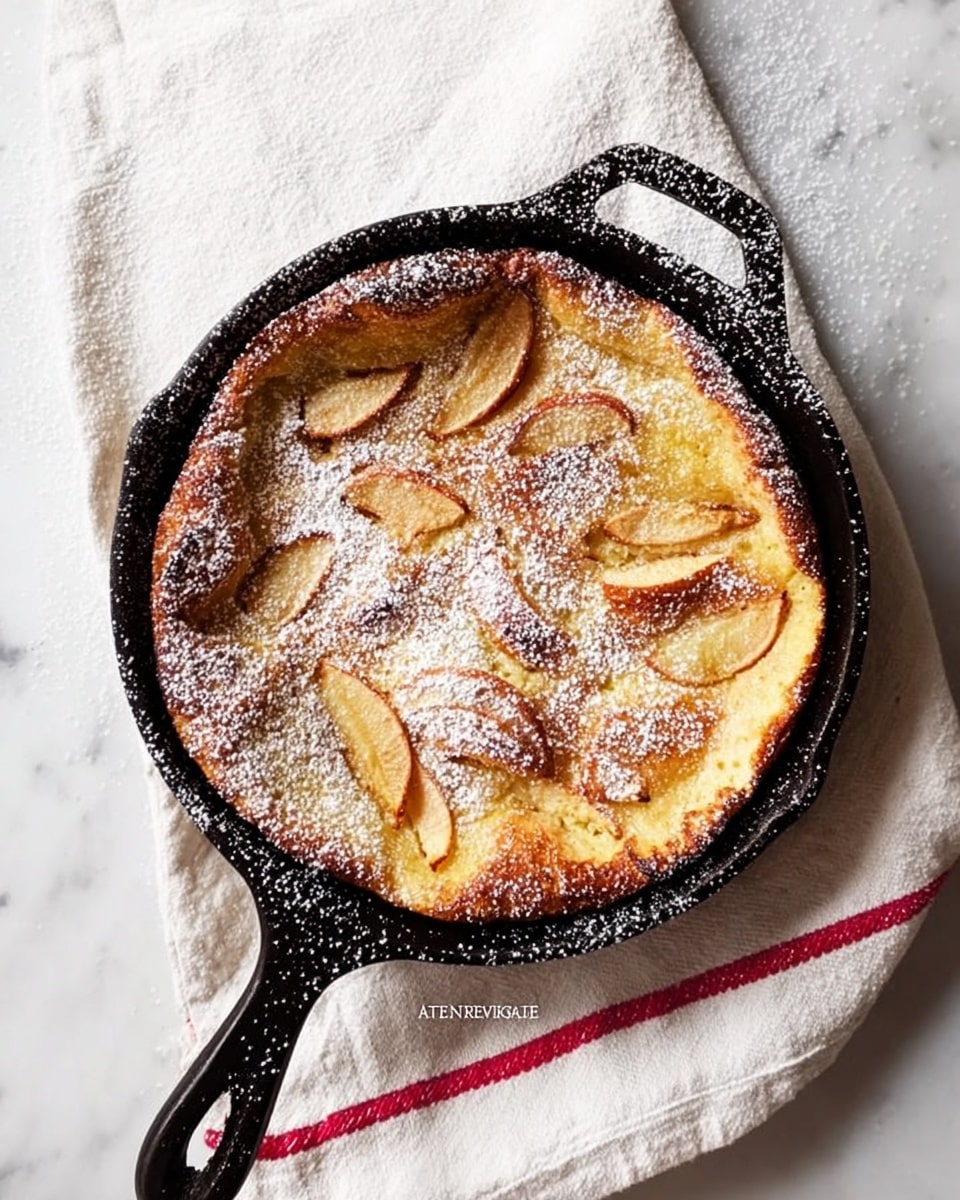 A round, golden-brown apple pancake with slightly crispy edges sits inside a black cast iron skillet. The pancake’s surface has soft, light beige apple slices visibly embedded, and it is dusted evenly with white powdered sugar on top. The skillet is placed on a white cloth with red stripes, all set on a white marbled texture background. photo taken with an iphone --ar 4:5 --v 7