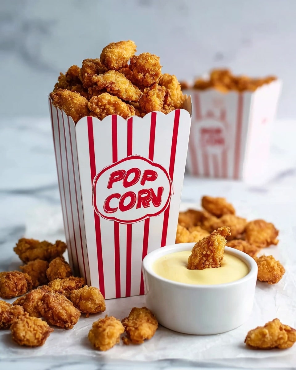 A tall white popcorn box with red vertical stripes and the word