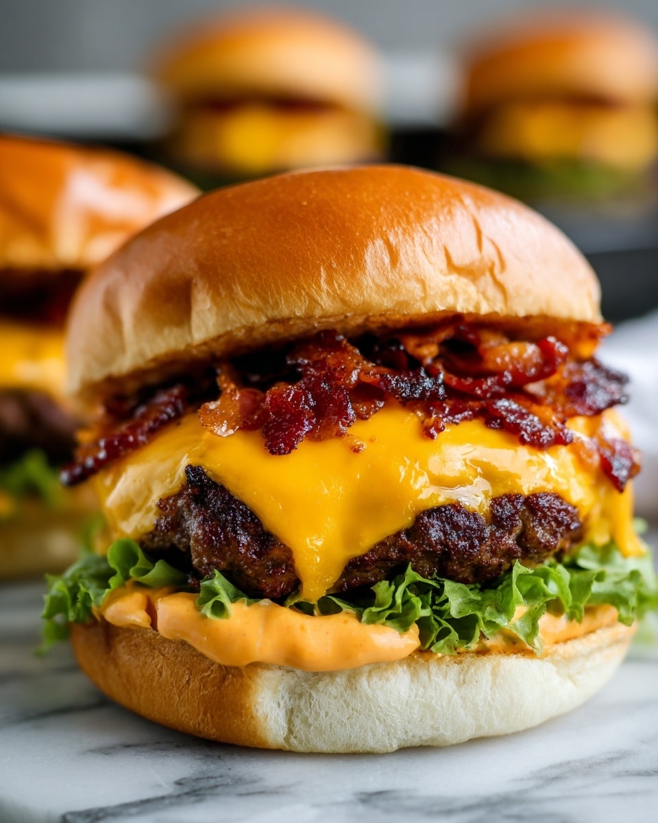 A close-up of a juicy burger with a white toasted bun at the bottom showing a layer of melted yellow cheese and some lettuce underneath a thick, grilled beef patty. On top of the patty, there is a creamy orange sauce and bright yellow melted cheddar cheese, covered with crispy, small bacon pieces. More similar burgers can be seen blurred in the background on a grill, and the overall setting includes a white marbled surface. photo taken with an iphone --ar 4:5 --v 7