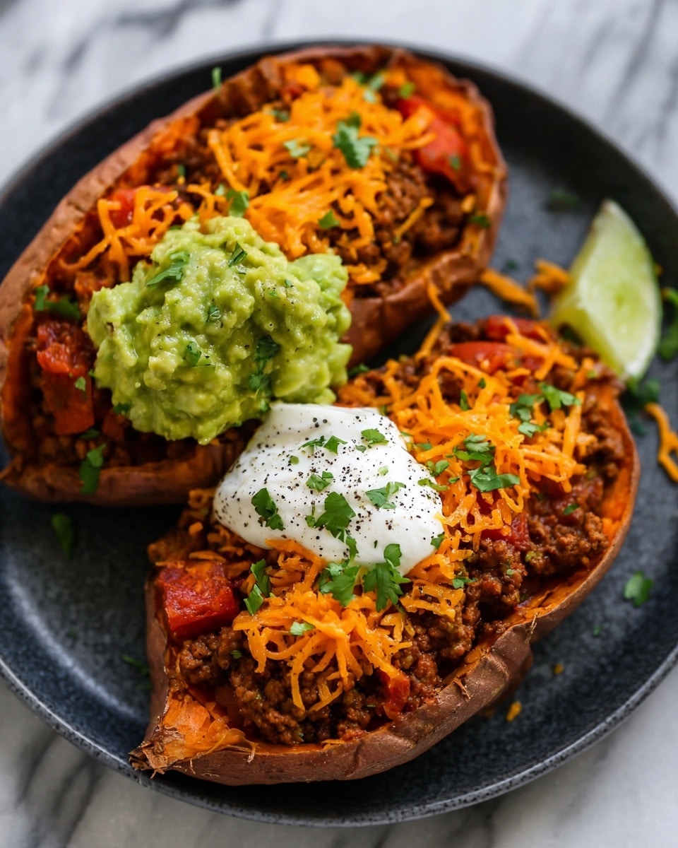 Two sweet potatoes, each sliced open like a boat, sit on a dark plate on a white marbled surface. The base layer inside the sweet potato is a mix of cooked ground meat with small tomato pieces, showing a rich brown and red color. On top of this is a layer of bright orange shredded cheese that is scattered unevenly. Above the cheese is a dollop of chunky green guacamole sprinkled with small bits of cilantro, next to a smooth white dollop of sour cream with black pepper flakes. The overall look is colorful with a mix of soft and crumbly textures. Photo taken with an iphone --ar 4:5 --v 7