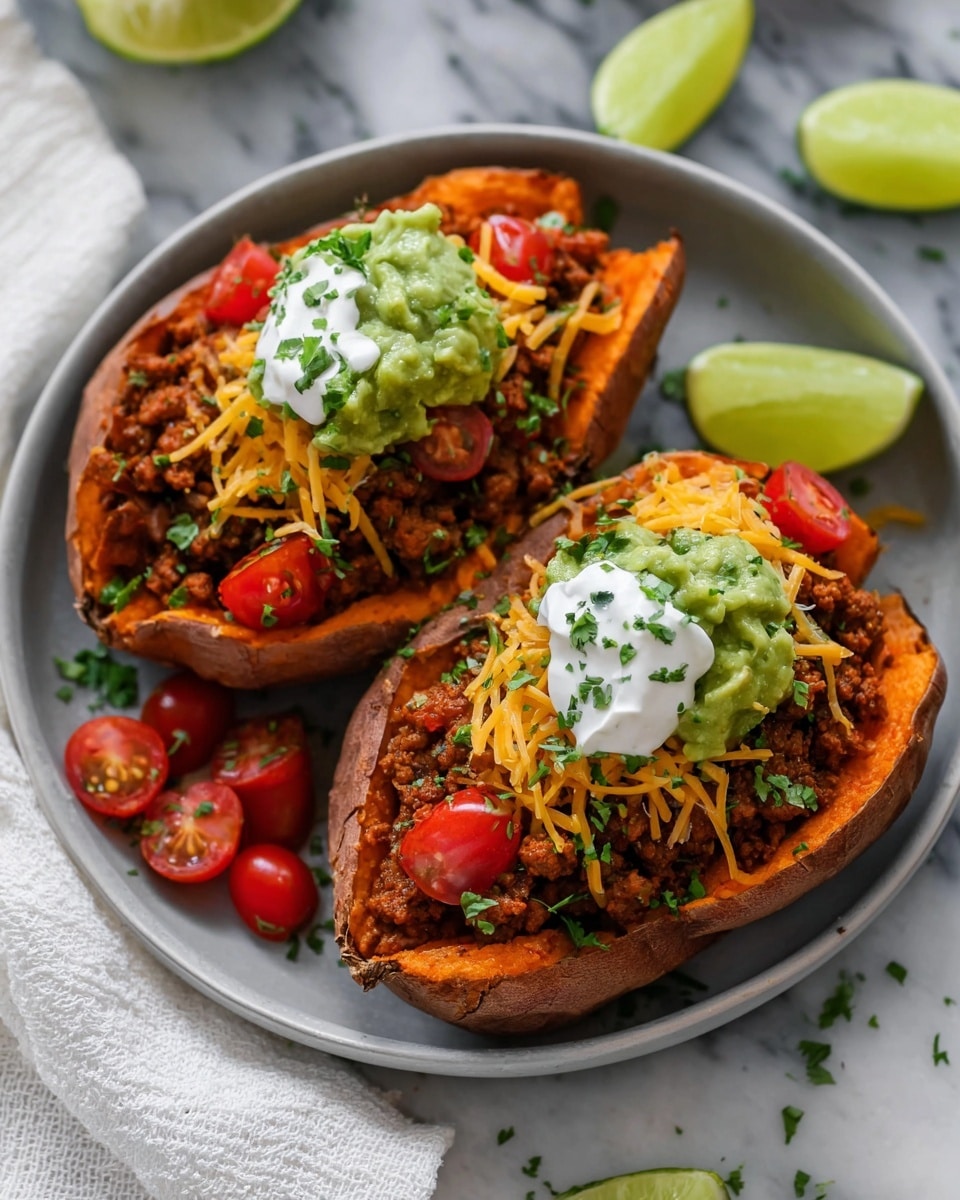 Two baked sweet potato halves sit on a white plate over a white marbled surface. Each potato has four main layers: the orange soft sweet potato base, topped with a layer of cooked ground meat mixed with small diced tomatoes, then sprinkled with shredded yellow cheddar cheese and cherry tomato halves, followed by a generous dollop of light green guacamole and white sour cream, both garnished with finely chopped green herbs. A few lime wedges and scattered cherry tomato pieces surround the plate, with a white cloth partially visible at the bottom. Photo taken with an iphone --ar 4:5 --v 7