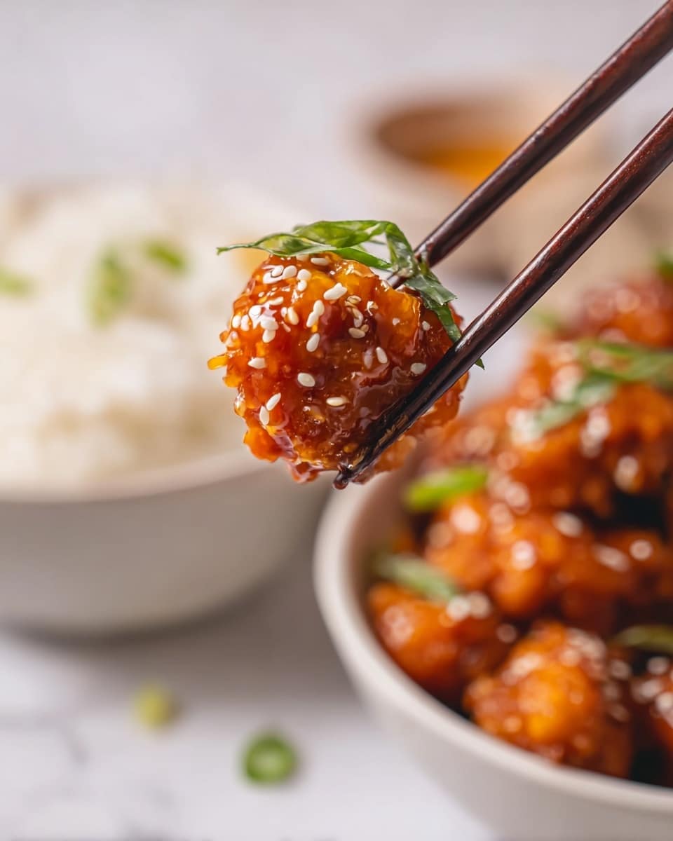 A close-up of a small piece of crispy fried chicken covered in shiny, sticky orange sauce held by dark wooden chopsticks. The chicken piece is sprinkled with white sesame seeds and small green onion rings. In the soft-focused background, there is a white bowl filled with more saucy fried chicken and another white bowl filled with plain white rice, all placed on a white marbled surface. Photo taken with an iphone --ar 4:5 --v 7