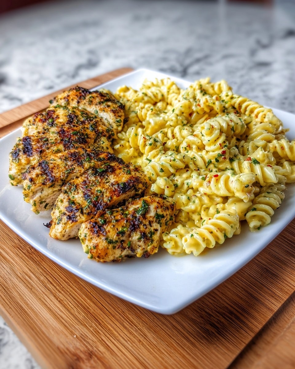 A white square plate sits on a wooden board with a white marbled texture background. On the left half of the plate, there are five pieces of grilled seasoned chicken that are golden brown with black grill marks and specks of green herbs. On the right half of the plate, there is a pile of creamy rotini pasta covered in a light yellow sauce with herbs and visible small red pepper flakes, giving it a slightly textured and rich look. The chicken and pasta are arranged close together but not mixed. Photo taken with an iphone --ar 4:5 --v 7