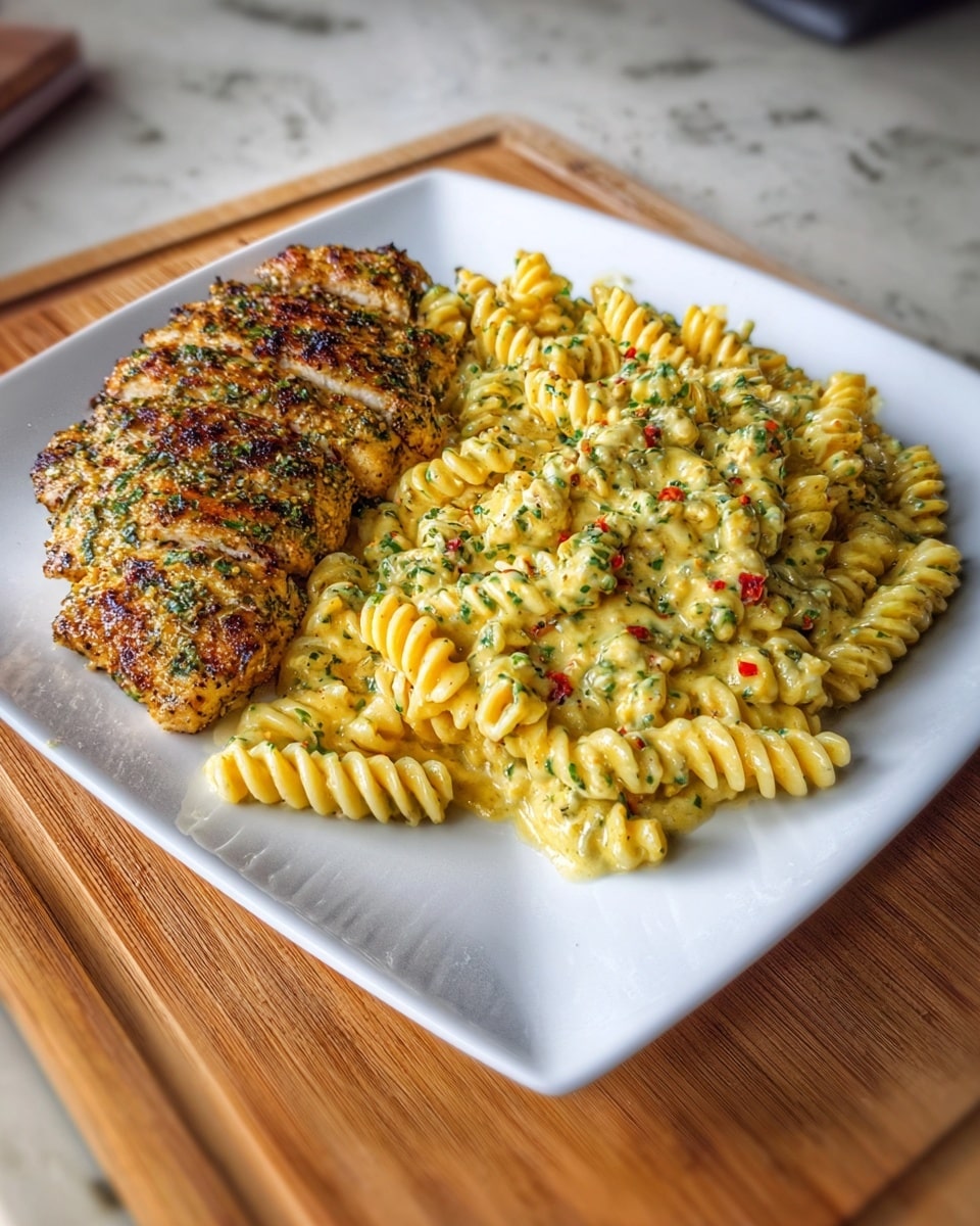 A square white plate sits on a wooden board with a white marbled background. On the plate, there are two main layers: on the left side, a large grilled chicken piece with a golden brown color and visible herbs and spices covering the surface; on the right side, a generous serving of creamy fusilli pasta in a light yellow sauce with green herbs and small red bits sprinkled on top. The pasta has a soft texture and the chicken looks well-seasoned with a slightly crispy exterior. Photo taken with an iphone --ar 4:5 --v 7