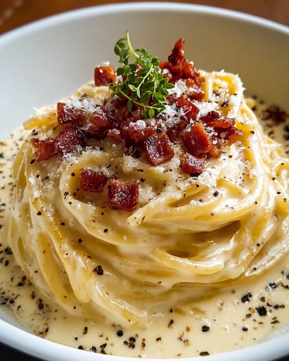 A close-up of creamy pale yellow spaghetti coated in smooth sauce piled into a soft mound in a white bowl, topped with small crispy dark reddish-brown bacon pieces scattered unevenly, a sprinkle of finely grated white cheese, and small black pepper specks spread across the surface, finished with a small sprig of green herbs in the center, all set against a white marbled texture. photo taken with an iphone --ar 4:5 --v 7