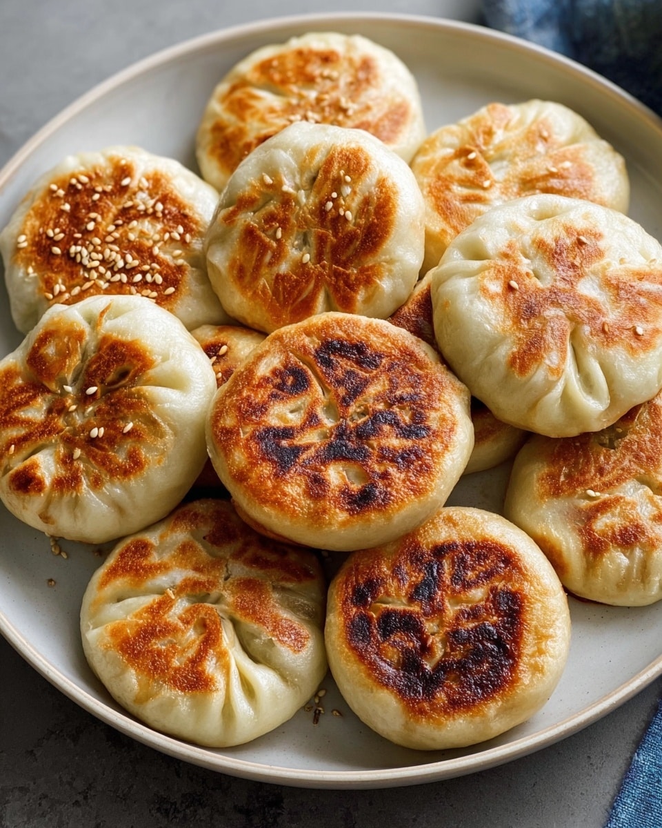 A white plate filled with ten round, pan-fried buns arranged closely together. Each bun has a golden-brown, crispy bottom with a slightly shiny surface, showing subtle sesame seeds on some tops. The tops of the buns show a light off-white dough color with some browned, pleated folds creating texture and depth. The buns have uneven, rustic impressions, giving a handmade feel, and the white marbled surface under the plate is slightly visible. Photo taken with an iphone --ar 4:5 --v 7