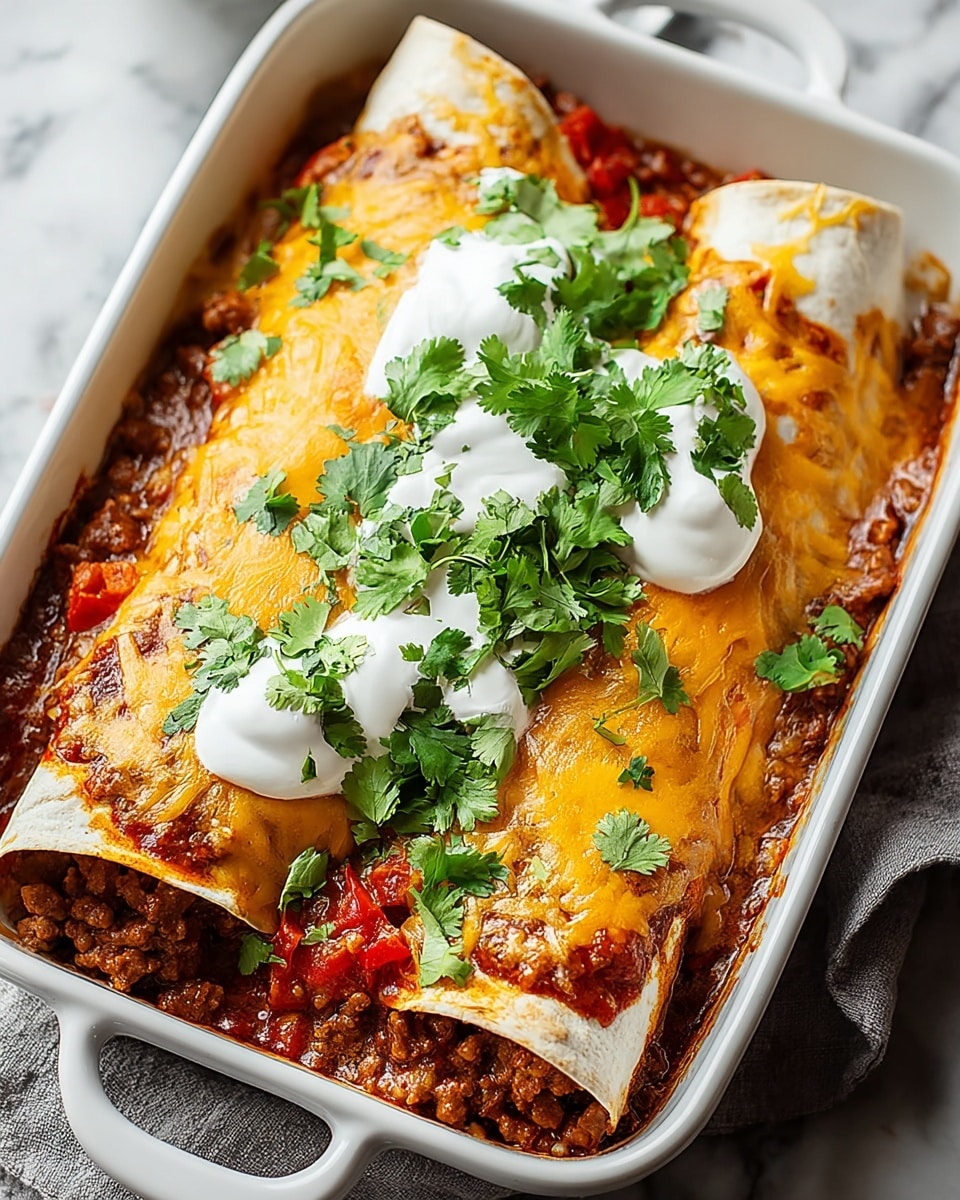 The image shows two rolled tortillas placed side by side in a white baking dish, each filled with a rich brown meat sauce. The tortillas are topped with a layer of melted golden-yellow cheese that covers them well, with some red chunks of tomato visible beneath the cheese. On top of the cheese, there are dollops of white sour cream spread across the middle of the dish. Fresh green cilantro leaves are scattered generously over the sour cream and cheese, adding a fresh contrast to the warm colors of the dish. The baking dish is resting on a gray cloth, all set against a white marbled surface. photo taken with an iphone --ar 4:5 --v 7