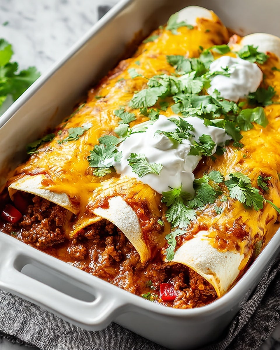 The image shows two rolled tortillas in a white baking dish, each filled with a brown meat sauce mixed with red bits. The rolled tortillas are covered with a layer of melted yellow and white cheese, topped with dollops of white sour cream, and sprinkled with fresh green cilantro leaves. The filling slightly spills out from under the tortillas onto the dish edges. The dish is placed on a gray cloth with a white marbled surface background. photo taken with an iphone --ar 4:5 --v 7