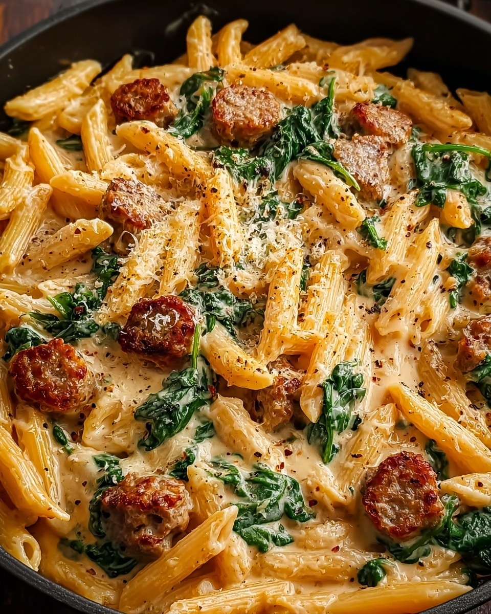 A close-up view shows a creamy pasta dish in a black pan filled with three main layers: the first layer is cooked but firm orange-yellow penne pasta scattered all around; the second layer includes small brown sausage slices evenly spread over the pasta; the third layer is a creamy light beige sauce mixed with green spinach leaves, topped with a sprinkling of grated cheese and black pepper dots. The texture looks smooth and slightly shiny, with the ingredients well combined but distinct. photo taken with an iphone --ar 4:5 --v 7