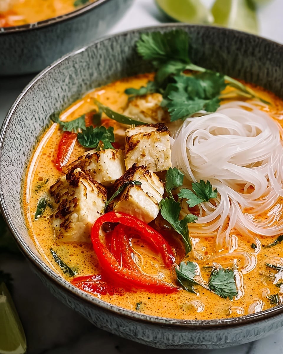 A bowl with three main layers: the bottom layer has thin white noodles, the middle layer has a bright orange broth with small bubbles on the surface, and the top layer has shredded light tan chicken pieces, long green snap peas, chopped cilantro leaves, small green peas, and bits of orange and red bell peppers scattered evenly, sitting in a white bowl on a white marbled surface. photo taken with an iphone --ar 4:5 --v 7