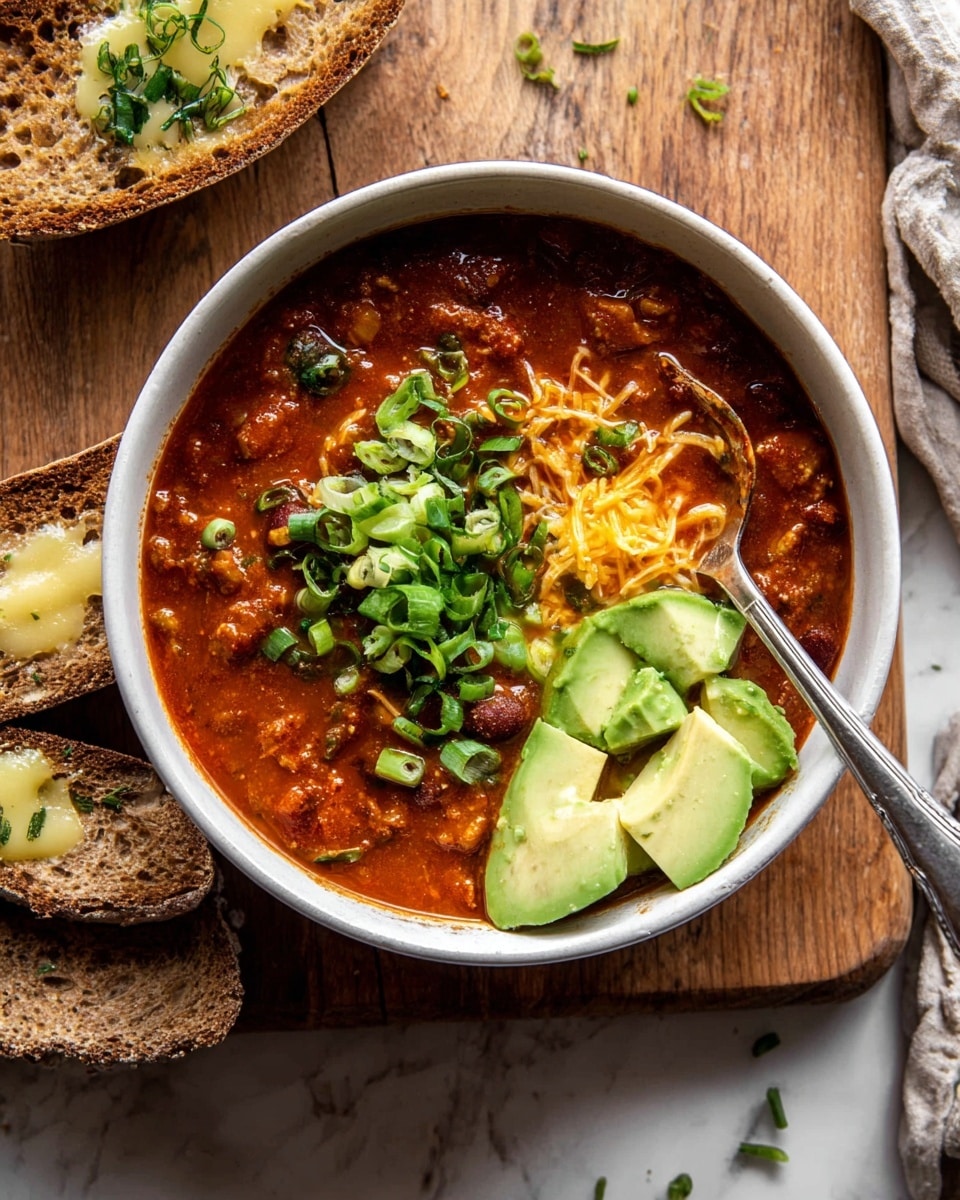 A white bowl filled with thick red chili soup that has chunks of meat and beans. On top, there are bright green chopped scallions spread across the right side, with thick slices of creamy light green avocado placed in the center. Some shredded orange cheddar cheese is sprinkled near the avocado. A silver spoon is dipping into the chili from the right side of the bowl. Next to the bowl, there are pieces of brown bread with melted butter on top, placed on a wooden board that is on a white marbled surface. photo taken with an iphone --ar 4:5 --v 7