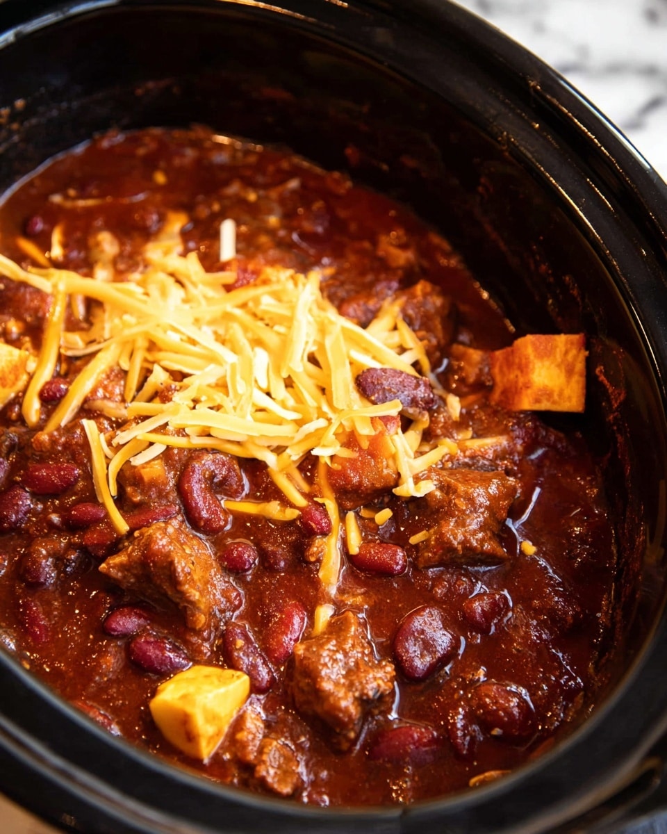 A close-up view of a deep black slow cooker filled with thick, dark red chili. The chili has visible kidney beans, browned meat chunks, and orange-yellow cubes of cheese on top. There are also some shredded cheese pieces scattered over the chili, adding a slightly rough texture. The rich sauce has a glossy, slightly oily surface, contrasting with the matte texture of the melted cheese. The background is a white marbled texture. Photo taken with an iphone --ar 4:5 --v 7This image shows a close-up of a rich brown chili with visible beans, dark brown chunks of meat, and a thick sauce filling most of a black pot. On top of the chili, there is a layer of bright yellow shredded cheese and a few small cubes of solid yellow cheese, contrasting with the dark chili below. A wooden spoon is partly visible on the right side, stirring the chili. The background is a white marbled texture. Photo taken with an iphone --ar 4:5 --v 7