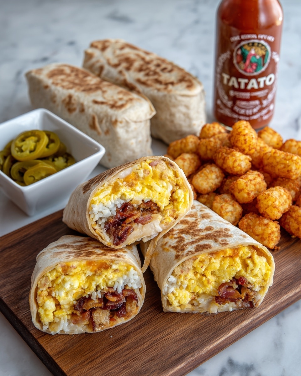 The image shows a wooden board with three folded burritos in the background and two halves of an open burrito in the front, revealing layers of scrambled yellow eggs, crispy brown bacon, melted cheese, and white rice. To the right of the board, there is a pile of golden brown tater tots. Behind the board, a bottle of Tapatío hot sauce stands upright, and to the left, a small white square bowl holds sliced pickled jalapeños. The surface under the board has a white marbled texture. Photo taken with an iphone --ar 4:5 --v 7