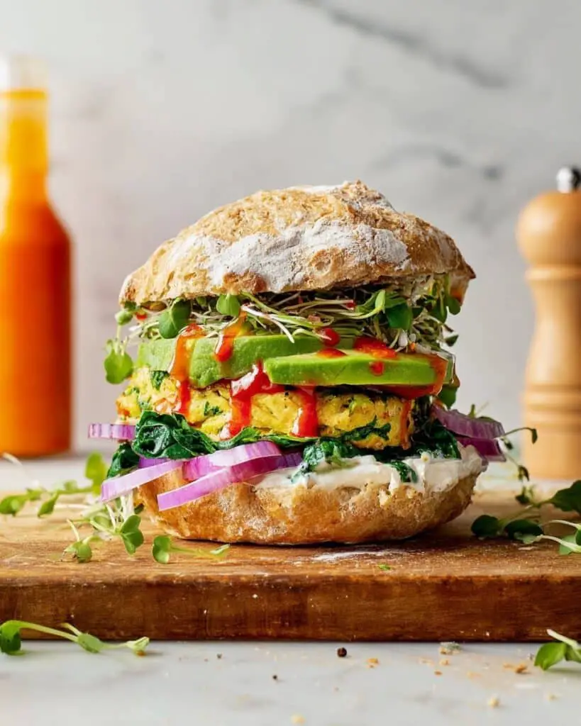 Breakfast Sandwich with Goat Cheese Spread, Spinach, and Fresh Vegetables Recipe