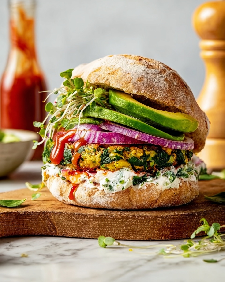 The image shows a sandwich with multiple layers on a wooden board over a white marbled surface. The bottom layer is a soft, light brown sandwich bun with a rustic texture. On top of that, there is a layer of white creamy spread mixed with green herbs and a layer of thin purple onion slices. Above this, there is a thick green and yellow colored vegetable patty with visible spinach leaves. Next, there are slices of fresh green avocado followed by a drizzle of red sauce. Small green microgreens are placed on top, adding freshness. The sandwich is crowned with the top half of the bun, which is the same light brown and rustic in texture. In the background, a blurred bottle of sauce and a wooden pepper grinder are visible. Photo taken with an iphone --ar 4:5 --v 7