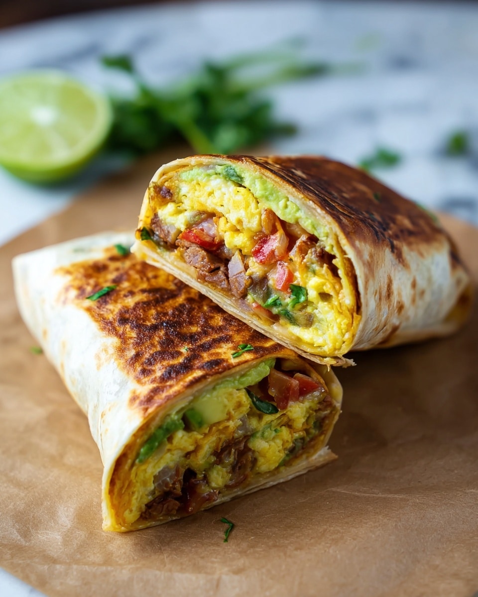 The image shows two halves of a toasted wrap placed diagonally on brown paper over a white marbled surface. The wrap has a golden-brown grilled outer layer with a slightly crispy texture. Inside, the layers show a mix of yellows from scrambled eggs, reds and browns from tomato and meat, light green from avocado or lettuce, and melted cheese with a creamy texture. The pieces are split open to reveal the filling’s layers stacked tightly. In the background, there is a blurred lime wedge and some green herbs. photo taken with an iphone --ar 4:5 --v 7