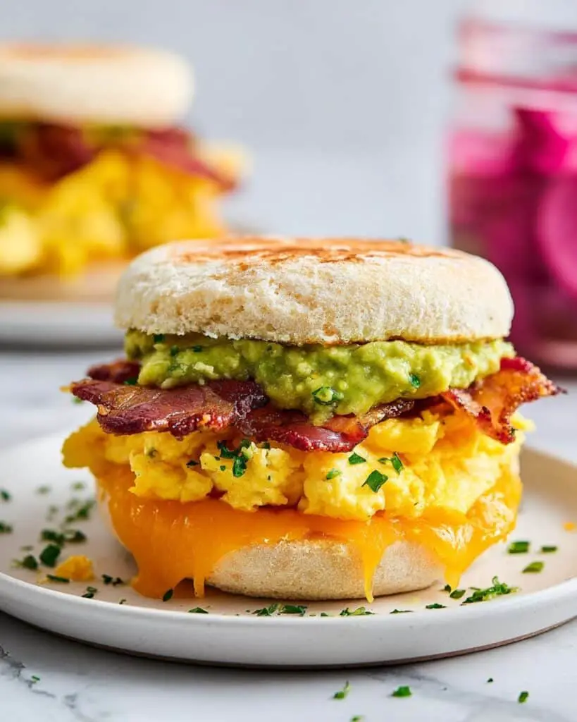 Breakfast Sandwich with Melted Cheese, Scrambled Eggs, Bacon, and Mashed Avocado Recipe