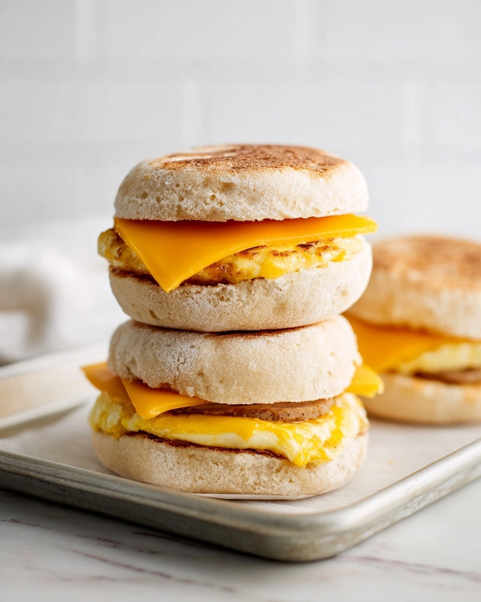 Three English muffins are stacked on a metal baking tray placed on a white marbled surface. Each sandwich has three visible layers: the top layer is a toasted pale beige English muffin with a slightly rough texture, the middle layer is a bright orange slice of melted cheddar cheese, and the bottom layer includes a cooked egg and a slice of meat, all contained within the bottom half of the toasted English muffin which is lightly browned. The muffins appear soft but toasted, with some cracks and a warm, golden-brown hue. Photo taken with an iphone --ar 4:5 --v 7