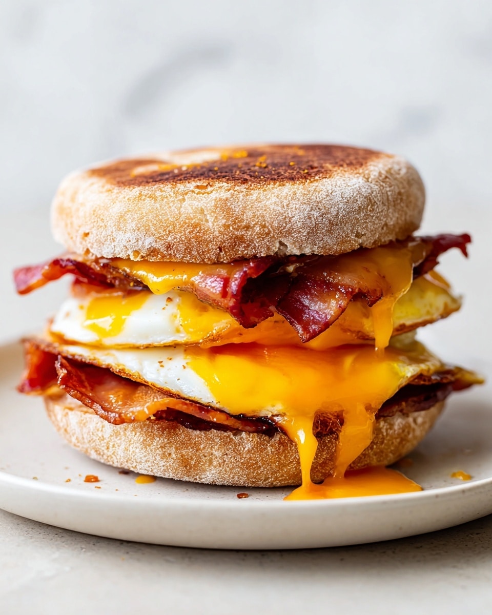 The image shows a sandwich on a white plate with a white marbled surface underneath. The sandwich has three main layers: at the bottom, there is a toasted English muffin half with a golden brown color and grainy texture; on top of it, there is a layer of melted orange cheddar cheese that is slightly oozing out; above the cheese, two strips of crispy bacon are placed, showing red and brown colors with a rough texture. The top layer is a fried egg with a white, smooth edge and a bright orange yolk that is flowing down the side of the sandwich. The sandwich is viewed close-up, with warm lighting highlighting its textures and colors. photo taken with an iphone --ar 4:5 --v 7