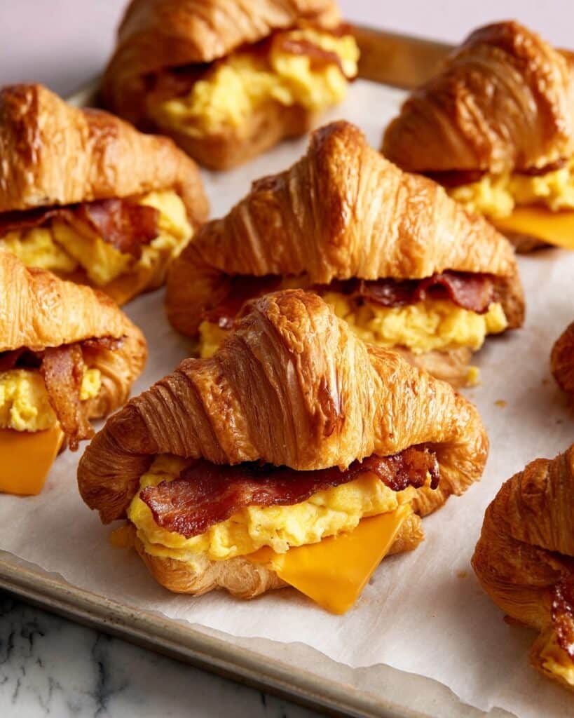Croissant Breakfast Sandwiches with Scrambled Eggs, Bacon, and Cheddar Recipe