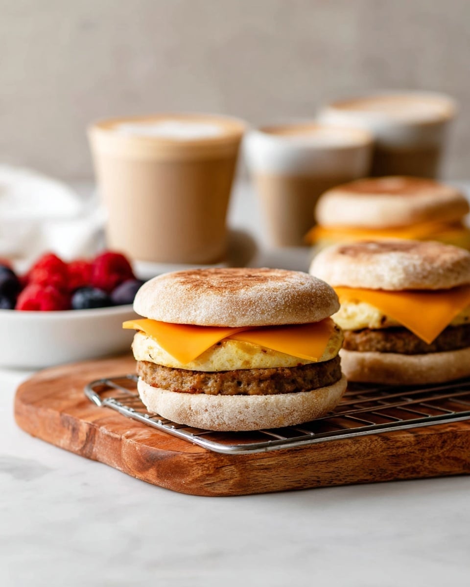 A close-up of breakfast sandwiches on a white marbled surface, each sandwich has three layers: the bottom layer is a toasted English muffin with a slightly rough texture and light brown color, the middle layer is a round cooked sausage patty with a darker brown, slightly crispy texture, the next layer is a round, fluffy egg patty with a pale yellow color, topped by a square slice of orange cheddar cheese, all held together by the top toasted English muffin. The sandwiches are placed on a wire rack over a wooden board with warm brown tones. In the background, there is a white bowl with fresh berries and three white cups with latte art on the white marbled surface. photo taken with an iphone --ar 4:5 --v 7
