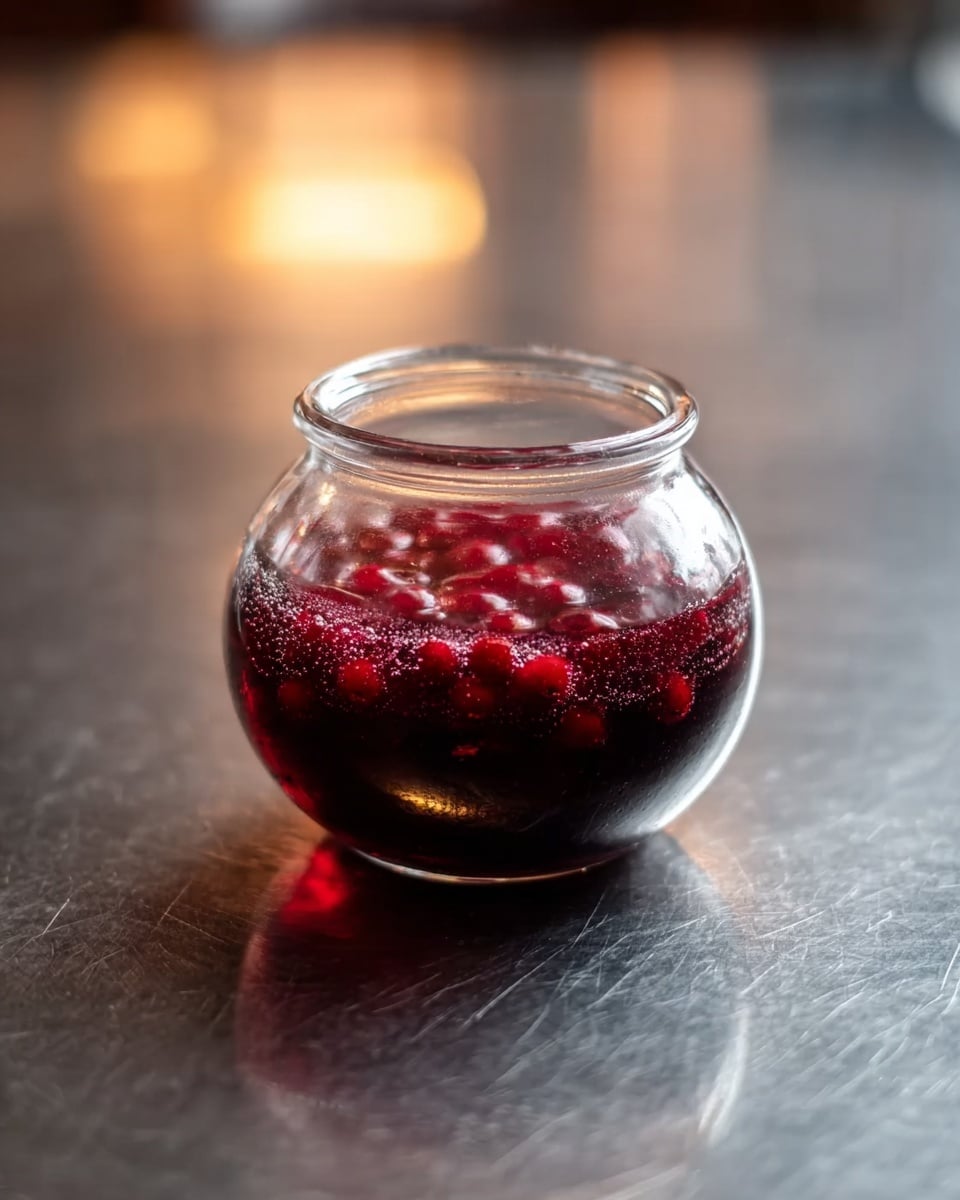 A clear round glass jar with a wide mouth filled with a dark red liquid containing whole small round berries, sitting alone on a smooth shiny metallic surface with soft warm light reflecting in the background, the liquid looks dense with a slightly foamy layer on top, photo taken with an iphone --ar 4:5 --v 7