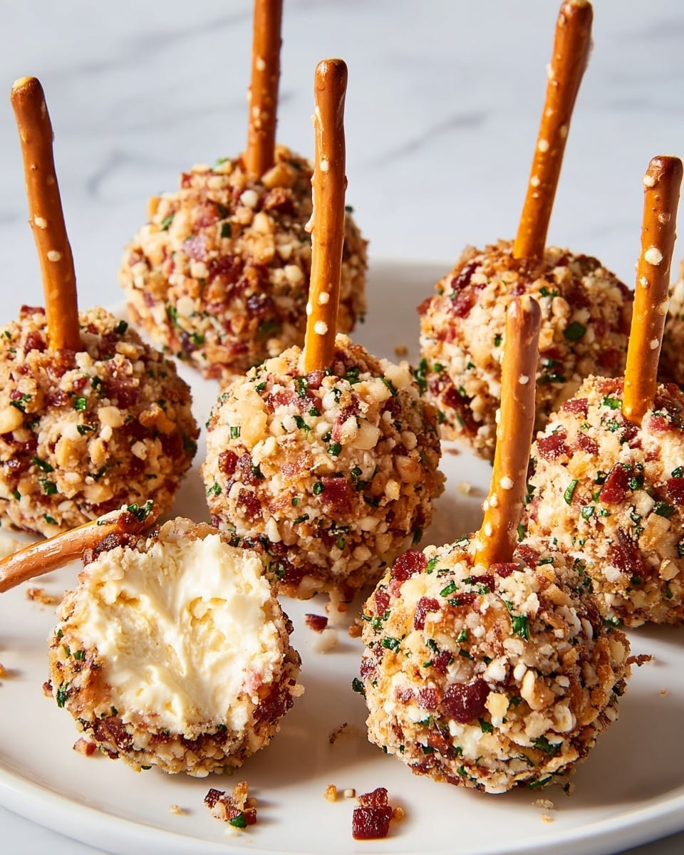 A white plate holds about fifteen small round balls that have a rough texture with bits of red, green, and light brown all over the outside. Each ball is pierced from the top by a long, thin pretzel stick that stands straight up. The outside coating looks crunchy, made from tiny pieces of nuts, bacon, and chopped herbs. One ball near the front has a bite taken to show a smooth, pale yellow inside. The plate itself rests on a white marbled surface, and in the background, a stack of white plates is slightly out of focus. Photo taken with an iphone --ar 4:5 --v 7