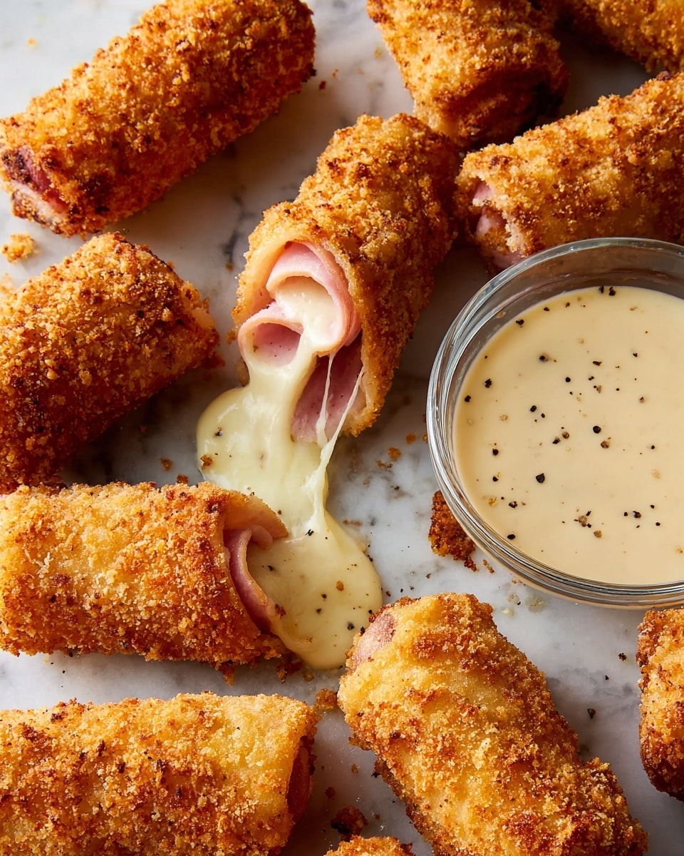 Golden brown, crispy rolls coated in crunchy breadcrumb layers are scattered around, with one split open showing a pale pink ham layer wrapped tightly around melted white cheese stretching out. A clear glass bowl filled with creamy light beige sauce speckled with black pepper sits to the side on a white marbled surface, surrounded by the rolls. The texture of the breading looks rough and crunchy, contrasting with the smooth sauce. Photo taken with an iphone --ar 4:5 --v 7