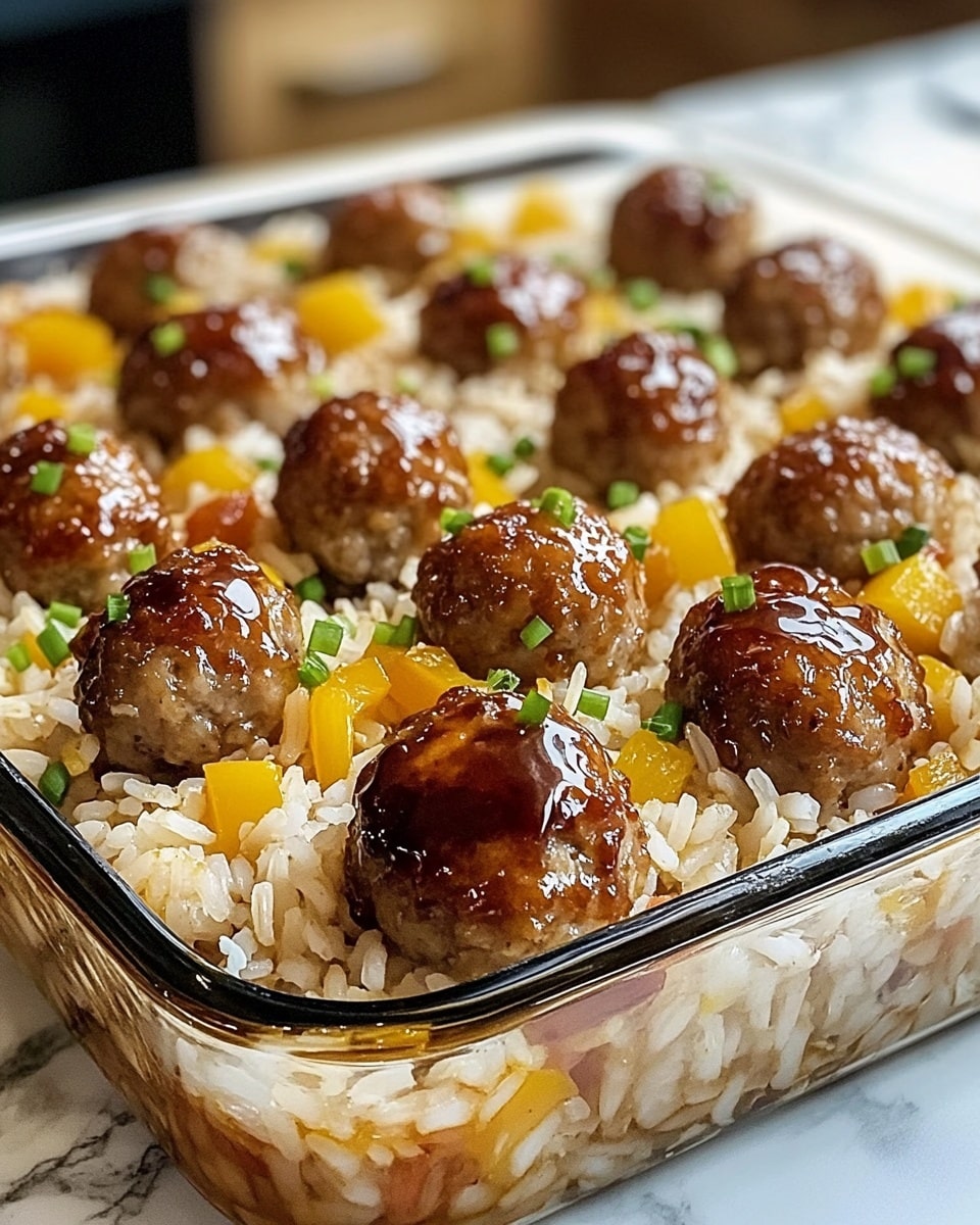 The image shows a close-up of a white bowl filled with yellow rice as the base layer, with small diced orange vegetables mixed in. On top, there are several round, browned meatballs evenly spread. The meatballs have a slightly shiny texture, suggesting they are moist and cooked well. Scattered over the dish are chopped bright green herbs adding a fresh look. The bowl sits on a white marbled surface that gives a clean and simple background. Photo taken with an iphone --ar 4:5 --v 6.1