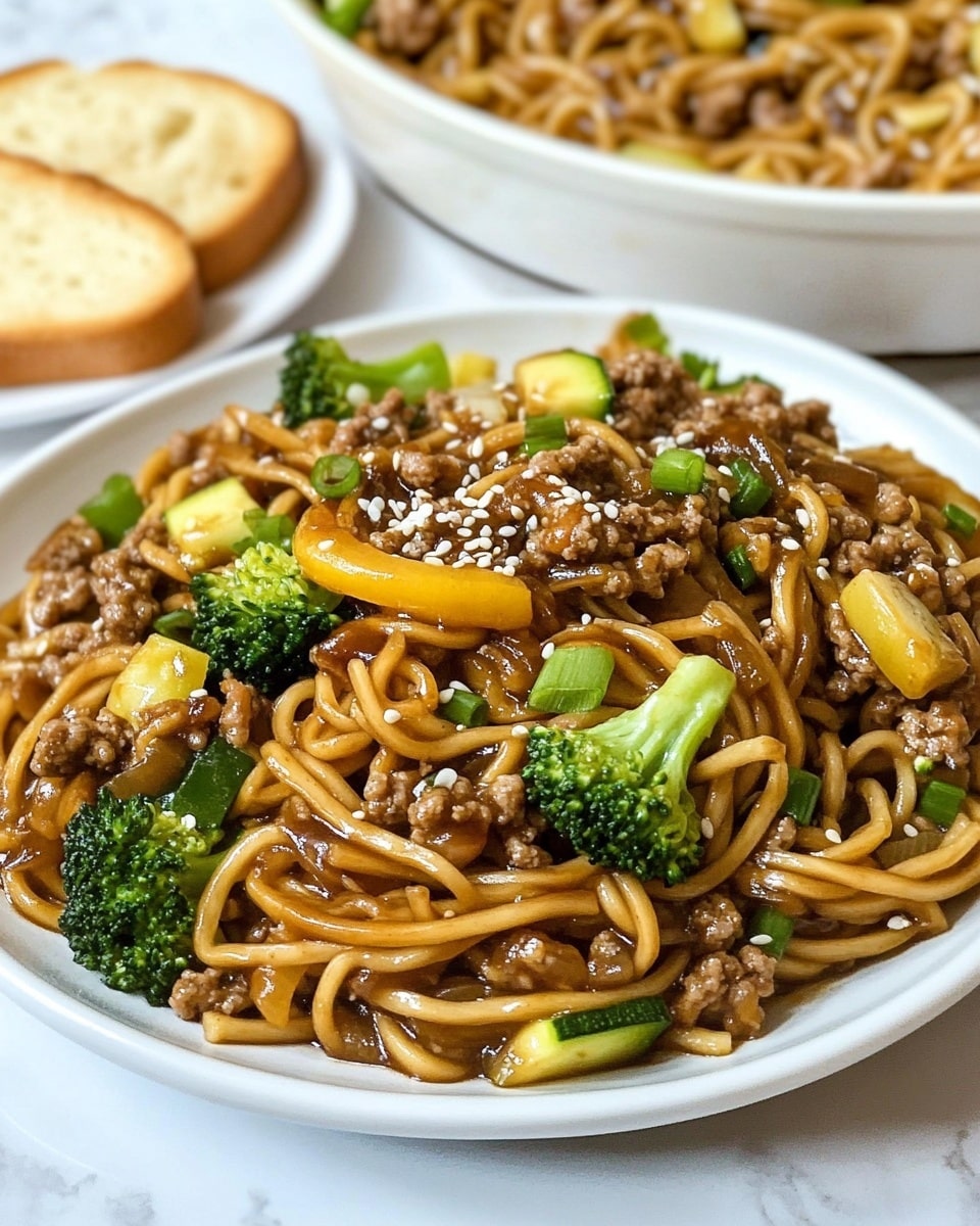 The image shows a white plate full of stir-fried noodles mixed with small pieces of cooked ground meat, bright green broccoli florets, and slices of zucchini and yellow bell pepper. The noodles are coated with a shiny brown sauce, and the dish is topped with chopped green onions and white sesame seeds scattered across the top. Behind the plate, there is a white bowl filled with more of the same noodle dish, showing a mix of noodles, vegetables, and meat. To the left, a white plate holds two slices of toasted garlic bread. The whole scene is set on a white marbled textured surface. Photo taken with an iphone --ar 4:5 --v 6.1