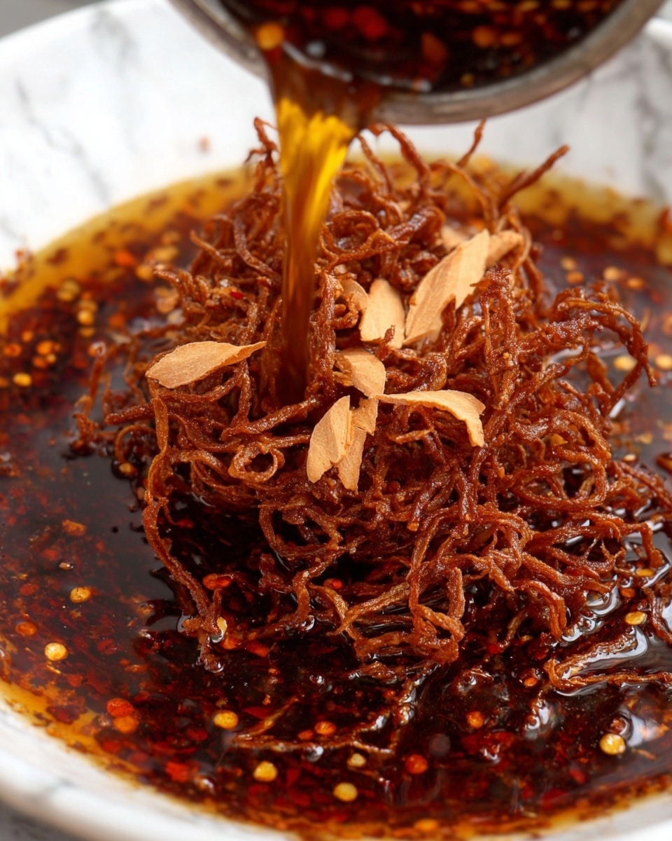 A close-up image of a spoon lifting a mix of dark red chili flakes and seeds soaked in deep reddish-brown oil, showing a glossy and oily texture. The tiny dried chili pieces and seeds are thickly spread in the oil around the spoon, with some small bits floating on the surface. The background features a white marbled texture. Photo taken with an iphone --ar 4:5 --v 7