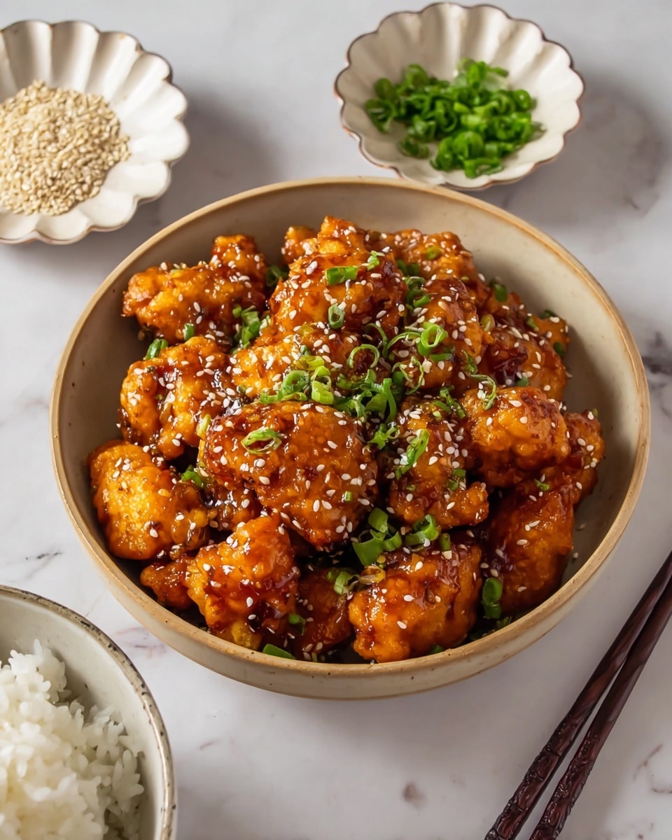 A beige bowl full of small, golden brown fried pieces covered in a shiny, dark orange sauce, topped with green chopped spring onion and white sesame seeds, sits on a white marbled surface. Around the bowl, there is a white bowl of plain steamed rice at the bottom left, a white scalloped bowl with sesame seeds at the top left, and another white scalloped bowl holding chopped green herbs at the top right. A pair of dark chopsticks rests on the table to the right of the rice bowl. Photo taken with an iphone --ar 4:5 --v 7