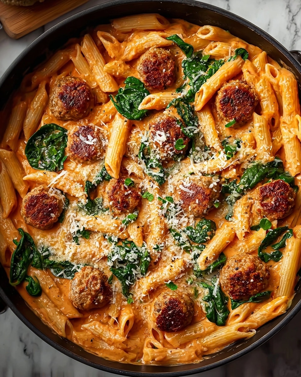 A pan filled with three layers: the base layer is creamy orange-colored sauce mixed with cooked penne pasta showing smooth tube shapes, the middle layer has several round brown meatballs evenly spread, and the top layer is sprinkled with fresh green spinach leaves and grated white cheese, providing texture and color contrast. The pan is black and sits on a white marbled surface. Photo taken with an iphone --ar 4:5 --v 7