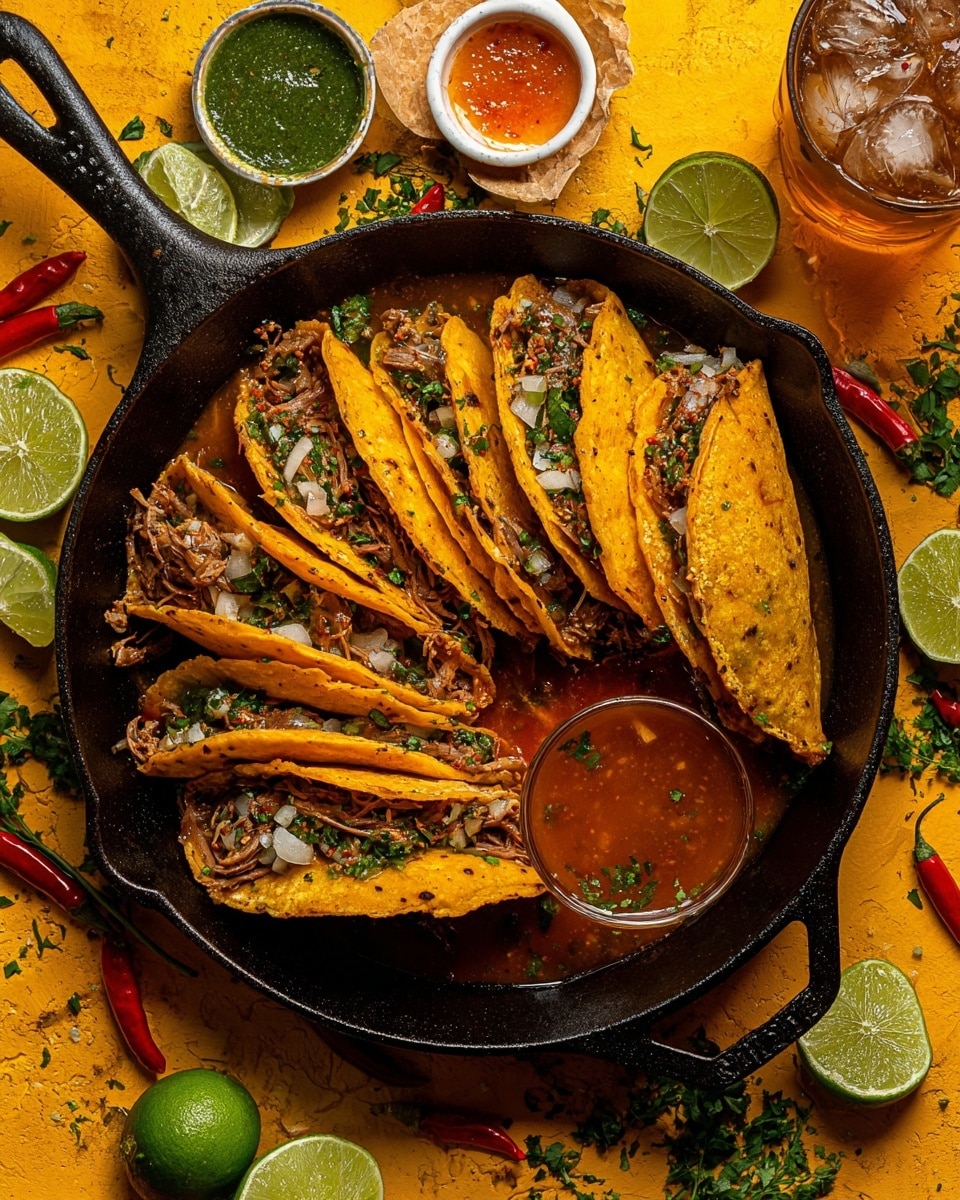 The image shows six folded orange taco shells filled with layers of shredded meat, chopped white onions, and green herbs, all arranged in a black cast iron skillet with a central section filled with a reddish-brown sauce containing visible bits of herbs and vegetables. The tacos have a crispy, slightly oily texture on the outside, and the filling is visible inside each taco. The skillet sits on a bright yellow textured surface, scattered with lime wedges, whole red chili peppers, a small white bowl of green sauce, a small white bowl of reddish-orange sauce, and some green herb sprigs. A glass with ice and a brown drink is at the top right corner. The overall look is vibrant and richly colored with a mix of textures. Photo taken with an iphone --ar 4:5 --v 7