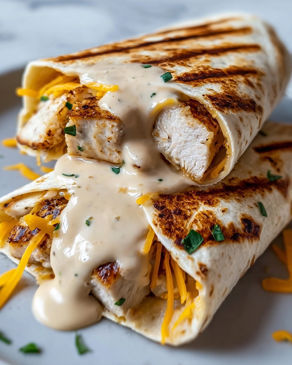 The image shows two folded white tortillas with dark grill marks on top. Inside each tortilla, there are pieces of lightly browned cooked chicken layered with bright orange shredded cheese. A light beige creamy sauce with visible black pepper specks covers the chicken and cheese, dripping slightly out of the tortillas. Small green herb pieces are scattered over the sauce and tortillas. The tortillas rest on a white plate set on a white marbled surface. photo taken with an iphone --ar 4:5 --v 7