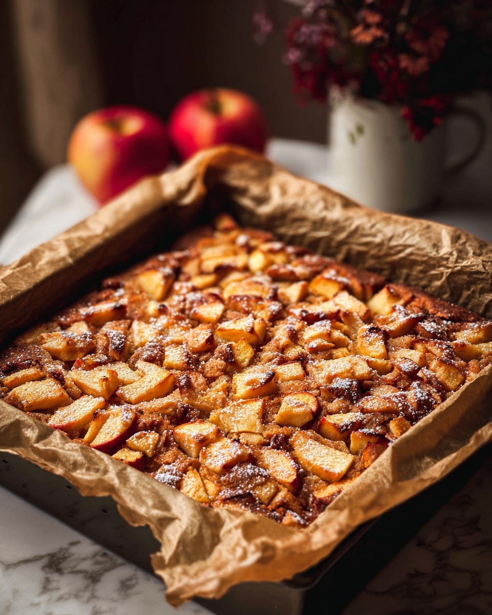 A square baking tray lined with crumpled brown parchment paper holds a freshly baked dessert made of dense, golden-brown dough mixed with small, warm orange and yellow apple pieces spread evenly across the top. The surface looks slightly crisp and glazed, with some tiny sugar crystals sparkling in the light. The tray is placed on a white marbled surface, and in the soft background, there is a blurred red apple and a white cup with small dark red flowers. The scene is warmly lit, creating a cozy and inviting feel. photo taken with an iphone --ar 4:5 --v 7