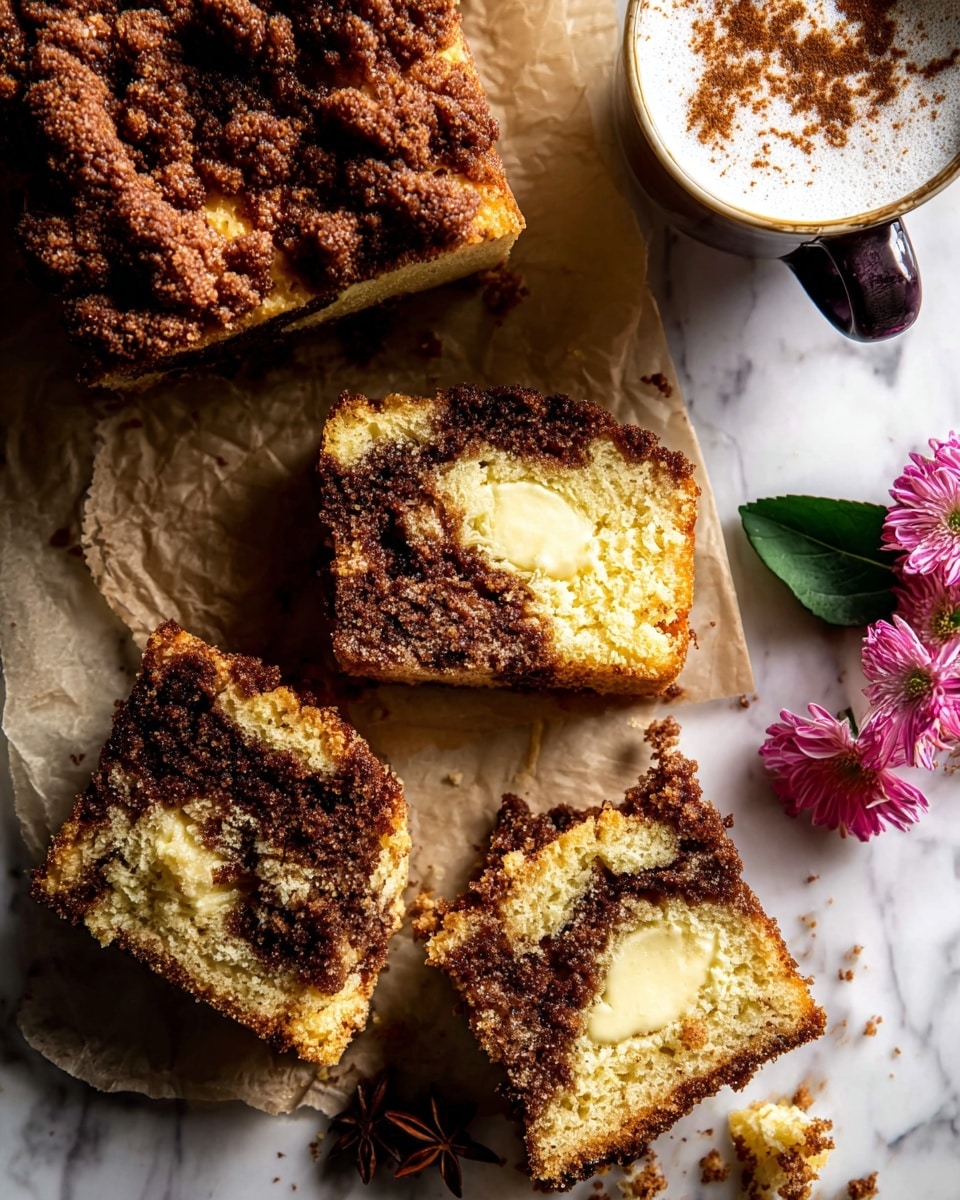 The image shows a close-up of three slices of crumb-topped cake on a piece of parchment paper over a white marbled surface. The cake has a darker crumb topping layer on top, a soft golden-brown middle with a darker filling layer in the center, and a slightly darker crust on the bottom. One slice is topped with melting butter and has a small piece broken off to the side. There are cake crumbs scattered around the slices. To the upper right, there is a white cup with a dark handle filled with a creamy drink sprinkled with cinnamon and star anise. Next to the cup, there are two small pink flowers with green leaves. Photo taken with an iphone --ar 4:5 --v 7