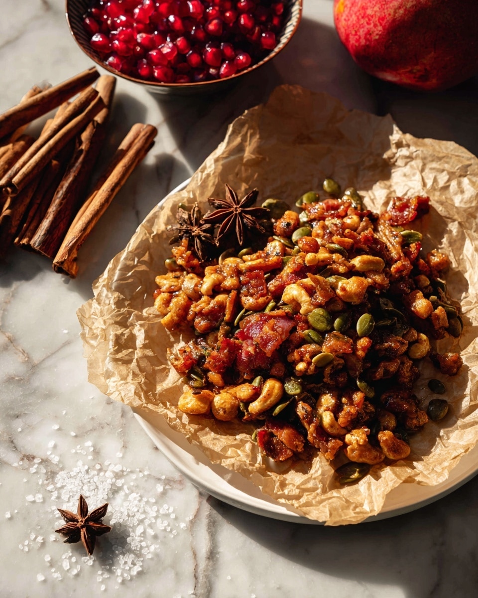 A white plate lined with crinkled parchment paper holds a pile of roasted nuts mixed with small bacon pieces and green pumpkin seeds. The nuts are golden brown with a shiny, caramelized texture, and the bacon bits add a crispy reddish-brown contrast. To the side, there is a bunch of cinnamon sticks with one star anise placed on top, and a white marbled surface underneath shows some scattered sea salt grains. In the background, a whole pomegranate and a bowl filled with bright red pomegranate seeds add a splash of deep red color. The lighting is natural, casting soft shadows to emphasize the textures. Photo taken with an iphone --ar 4:5 --v 7